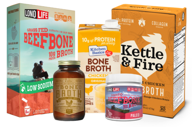 Lonoe Life beef bone broth, Epic Artisinal chicken broth, Kitchen Basics chicken borth, Lono Life beef broth paleo, Ketttle & Fire chicken broth