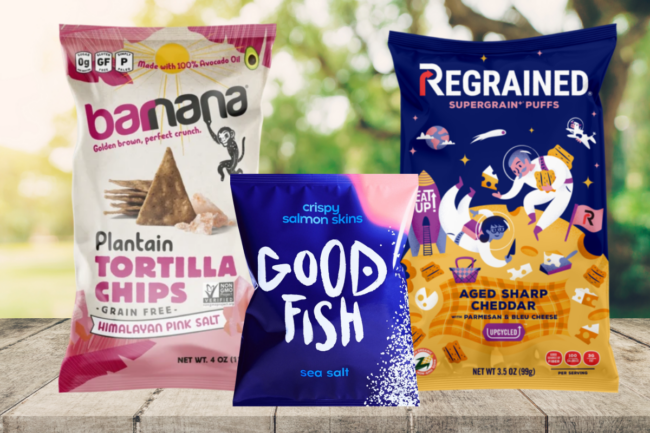 Barnana plantain tortilla chips, Goodfish salmon skins and Regrained puff snacks