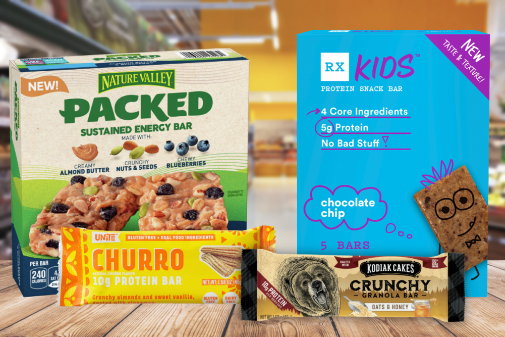 General Mills' Nature Valley Packed Bar, Kodiak crunchy granola bar, Unite Foods Churro snack bar and RXBar's RXKids protein bars