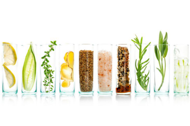 Clear glasses filled with plant-based clean label ingredients