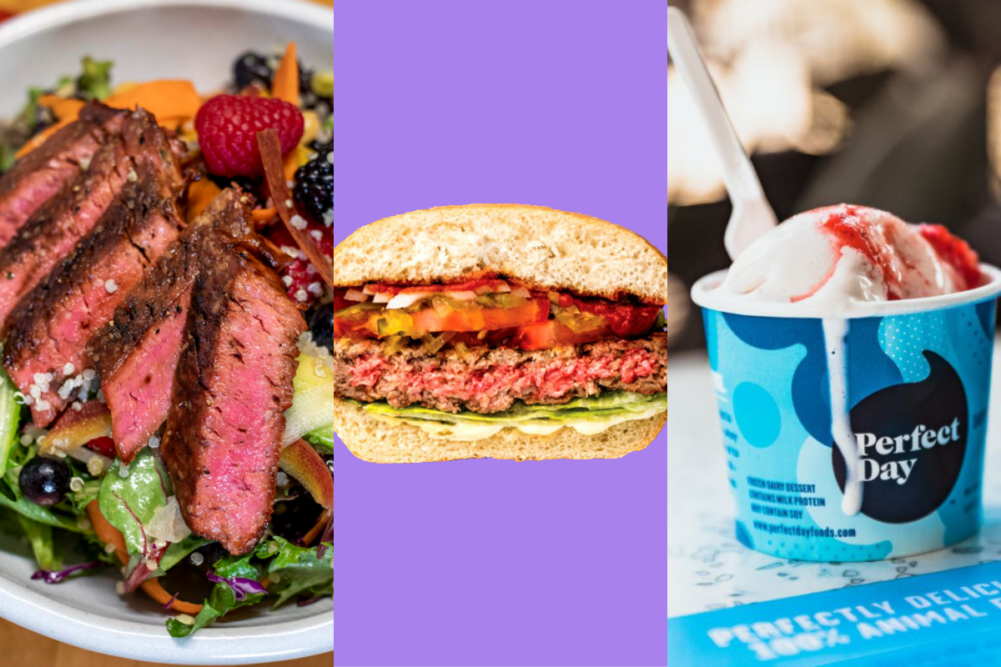 Meati fungi-based steak, Perfect Day animal-free dairy ice cream, Beyond Meat with heme