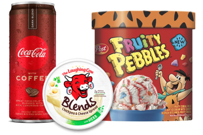 Coca-Cola with Coffee, The Laughing Cow Blends, Post Pebbles ice cream