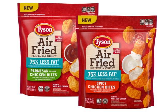 Parmesan seasoned chicken bites and spicy chicken bites from Tyson Foods