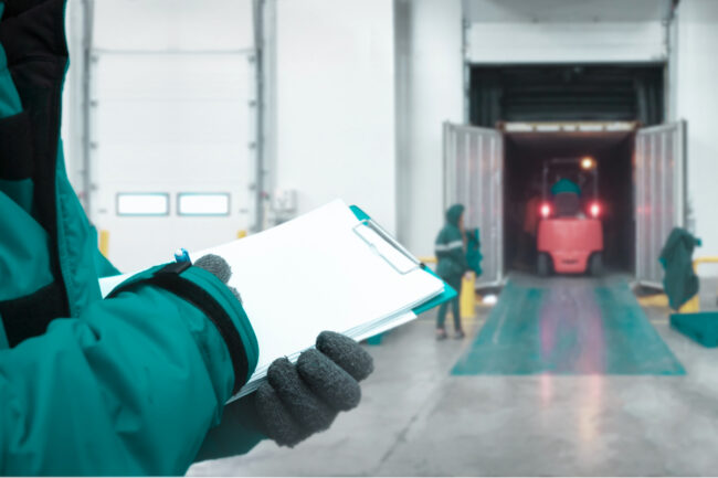 Staff worker with clipboard checking goods and Safety Officer for dangerous in Cold room storage and freezing warehouse.