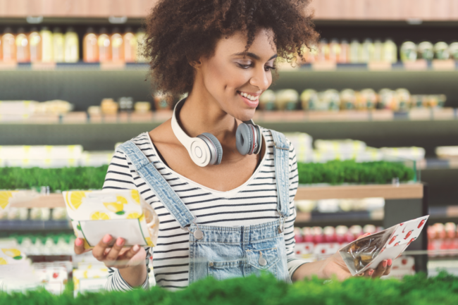 Shopper inspecting food product label