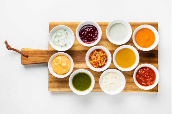 Bowls with sauces on wooden tray