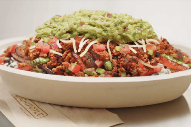 Chipotle burrito bowl with plant-based chorizo 