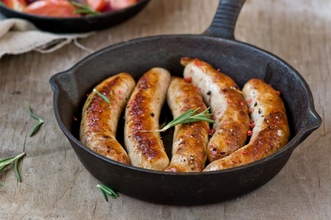 Bratwurst in a skillet