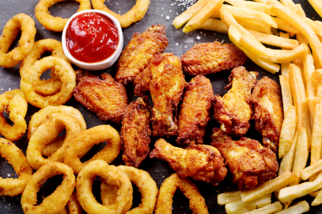 A pile of battered and fried foods