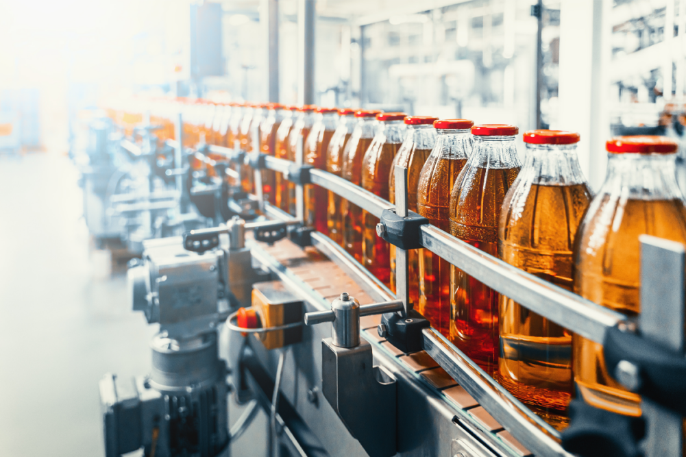 Juice bottles on a conveyor belt