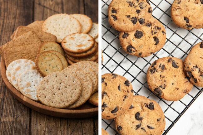 A bowl of crackers and chocolate chip cookies on a cooling rack