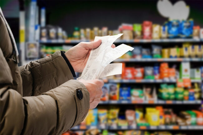 Man looking at reciepts in grocery store