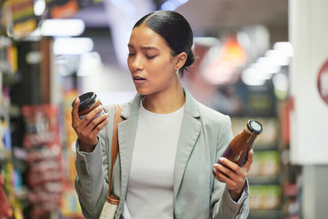 Woman comparing products in grocery store