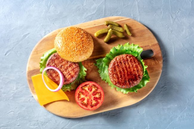 Burger on wooden board