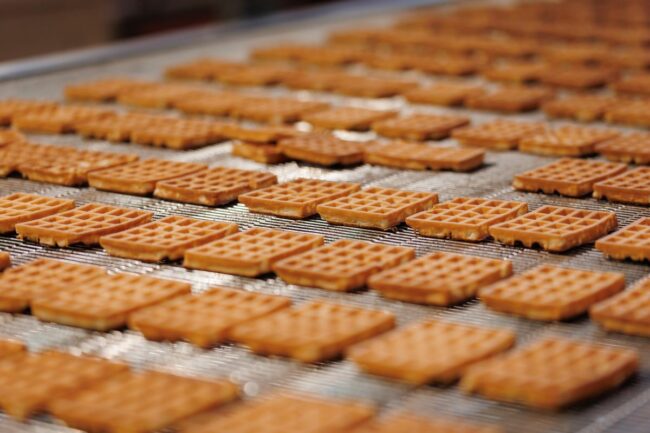 waffles on conveyor belt